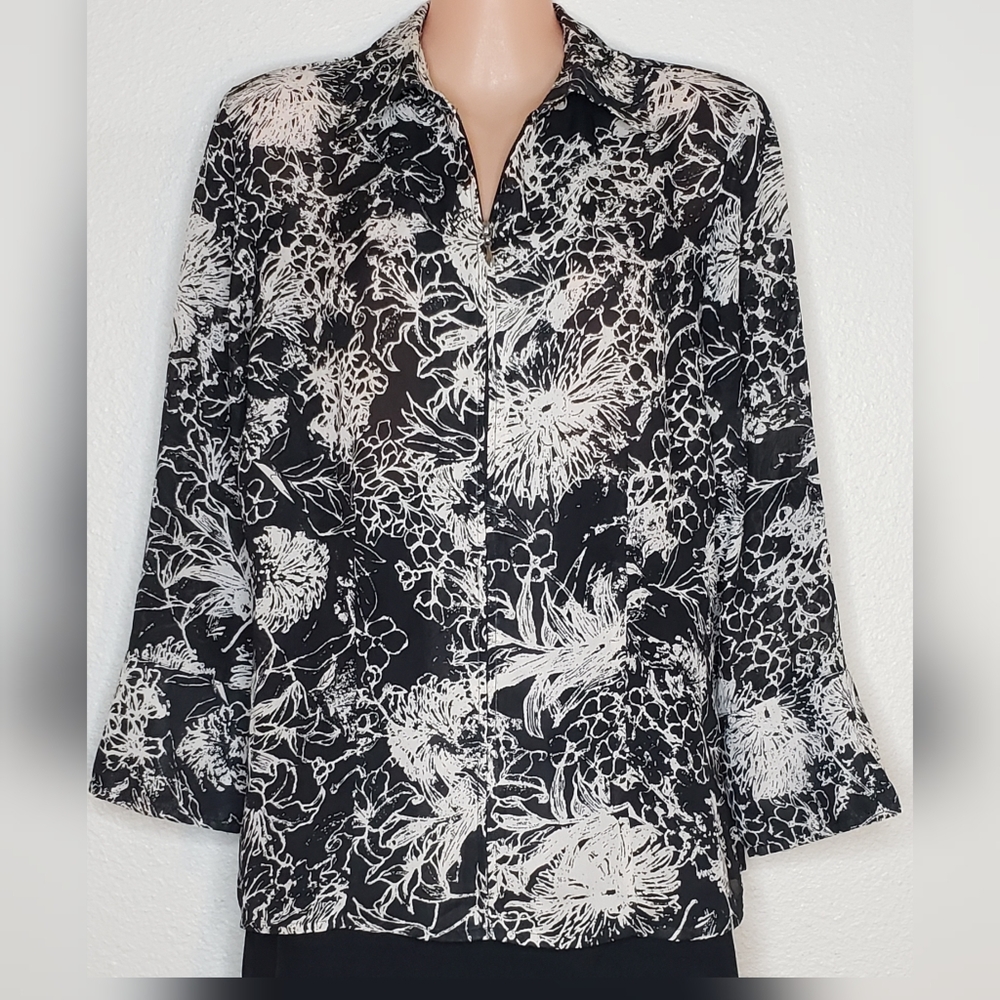 VINTAGE KATHY CHE Floral Collared Zipper Front Blouse
